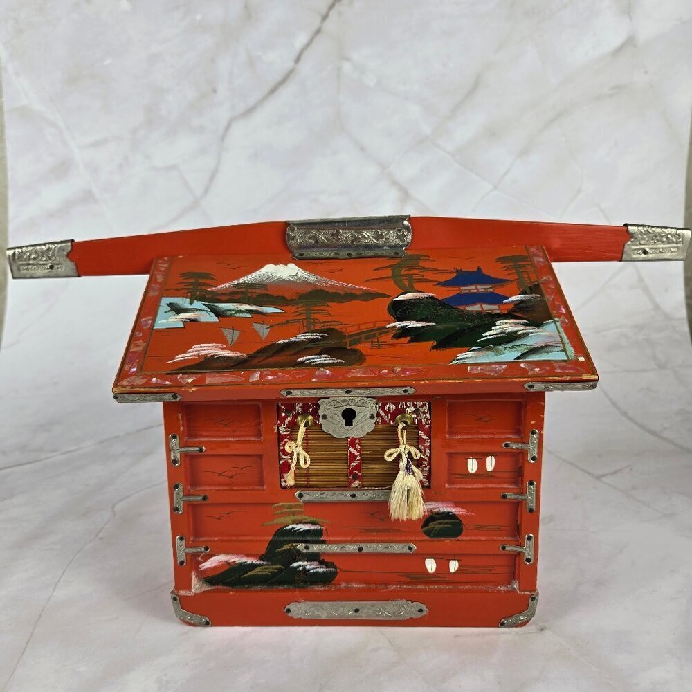 Vintage Japanese Hand Painted Jewelry Box Hinged Lid Side Drawer Wooden